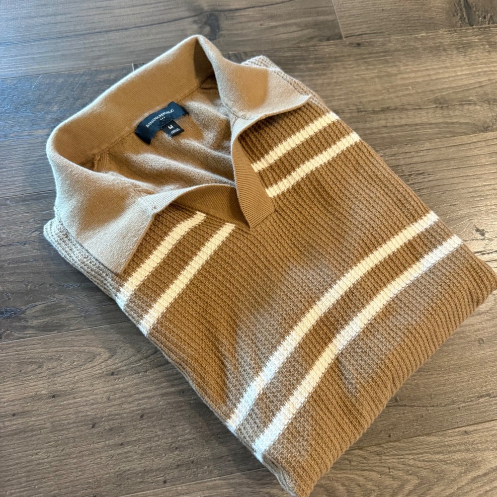 Banana Republic Brown Striped Refined Johnny Collar Knit Polo Shirt Medium